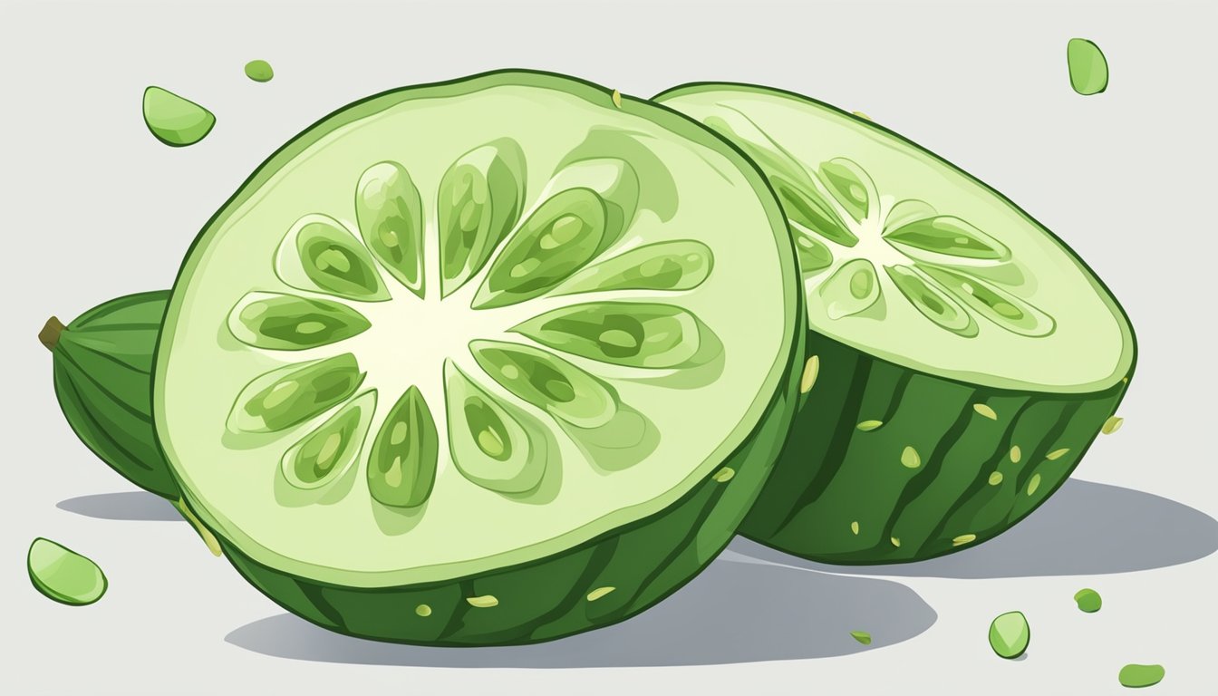 An unripe cucumber being sliced open, revealing its pale, firm interior with seeds and a slightly bitter taste