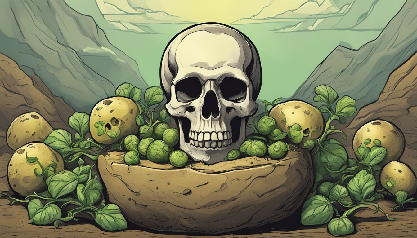 A potato with sprouts, surrounded by a skull and crossbones symbol, a warning sign, and a nauseated person