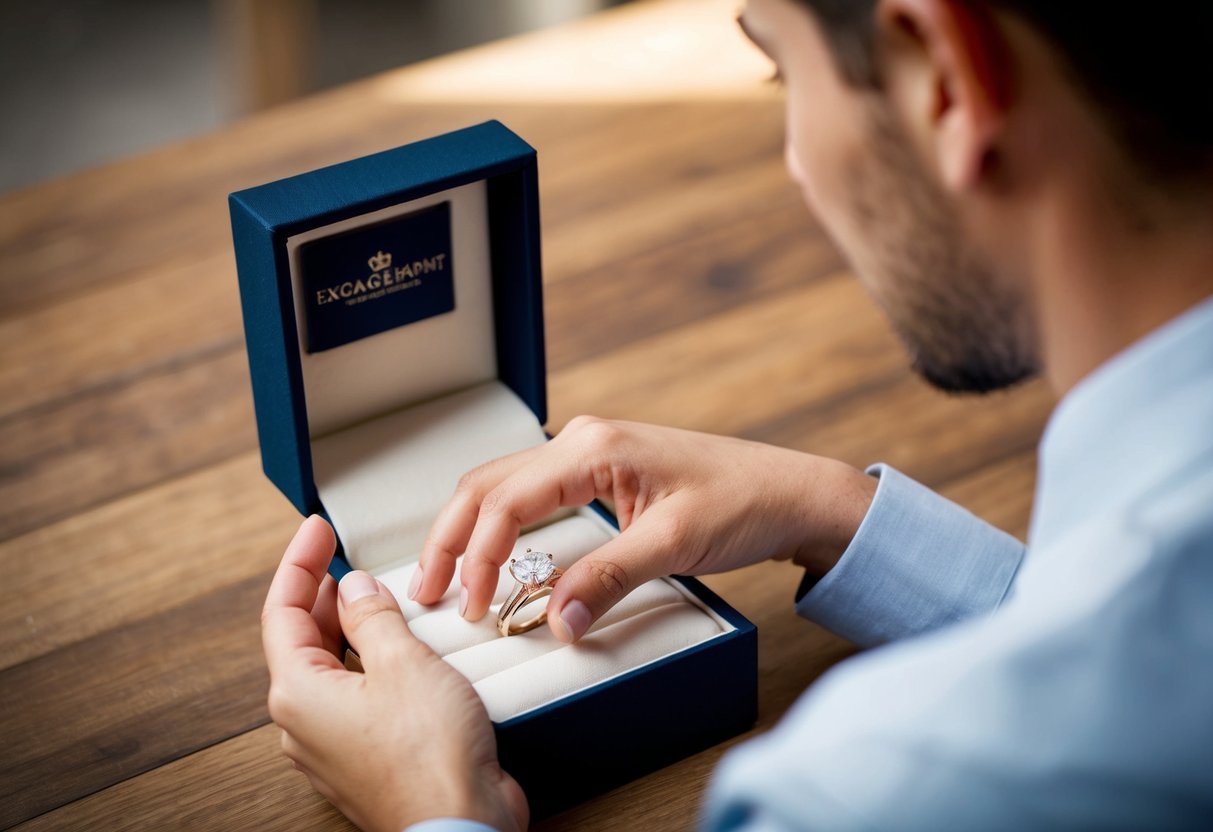 A hand reaching for an engagement ring in a jewelry box, with a hesitant expression on the face of the person looking at it