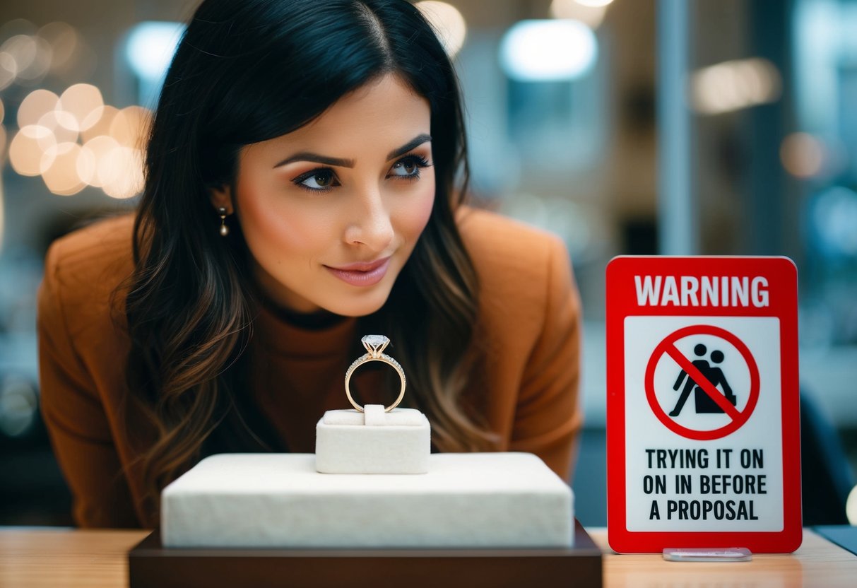 A woman hesitantly gazes at an engagement ring on display, with a sign nearby warning against trying it on before a proposal