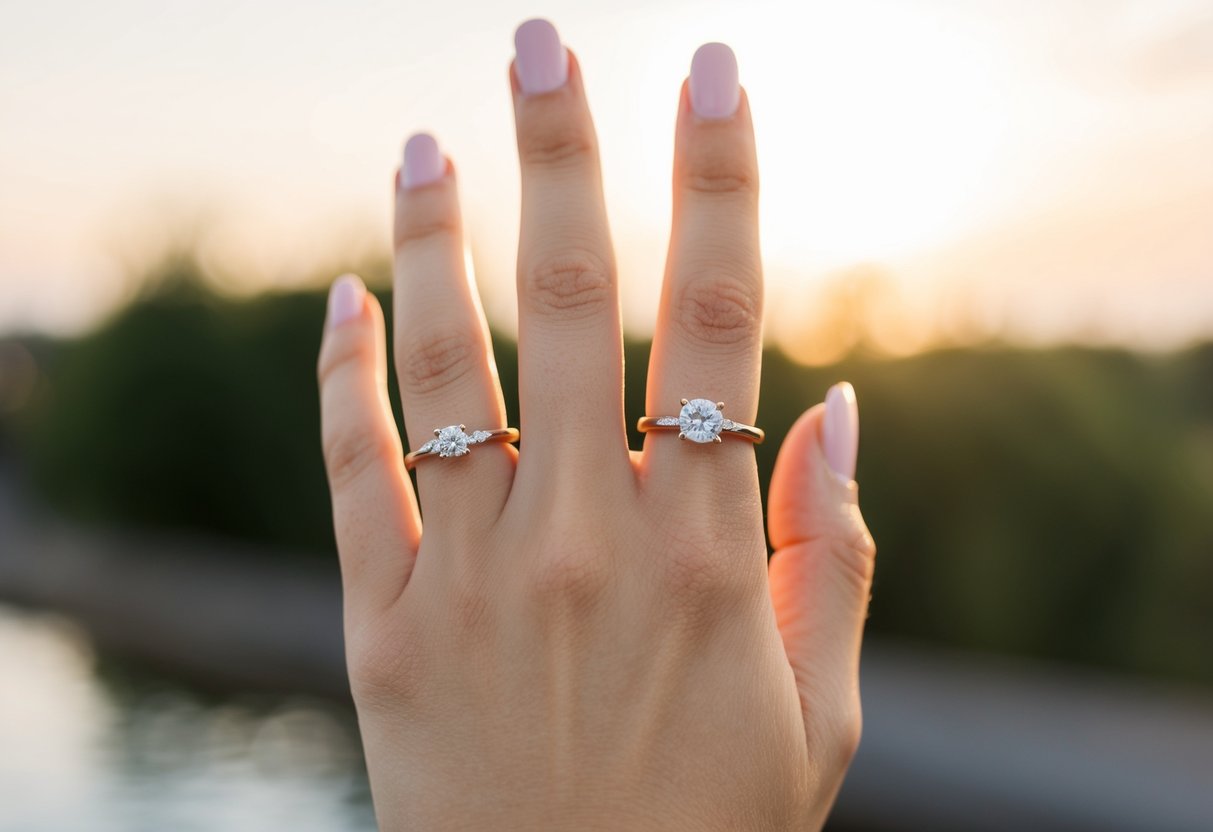A woman's hand with a simple, elegant engagement ring on her finger, symbolizing a second marriage
