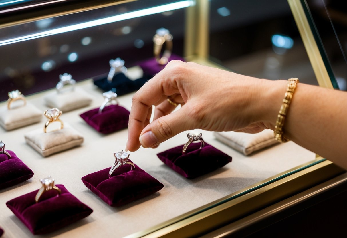 A jewelry store display case with various engagement rings on velvet cushions, a customer's hand reaching out to try one on