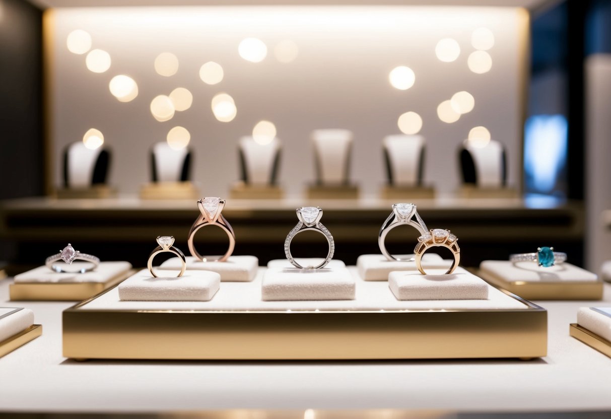 A jewelry store display featuring a variety of elegant and modern engagement rings, including different styles and gemstone options