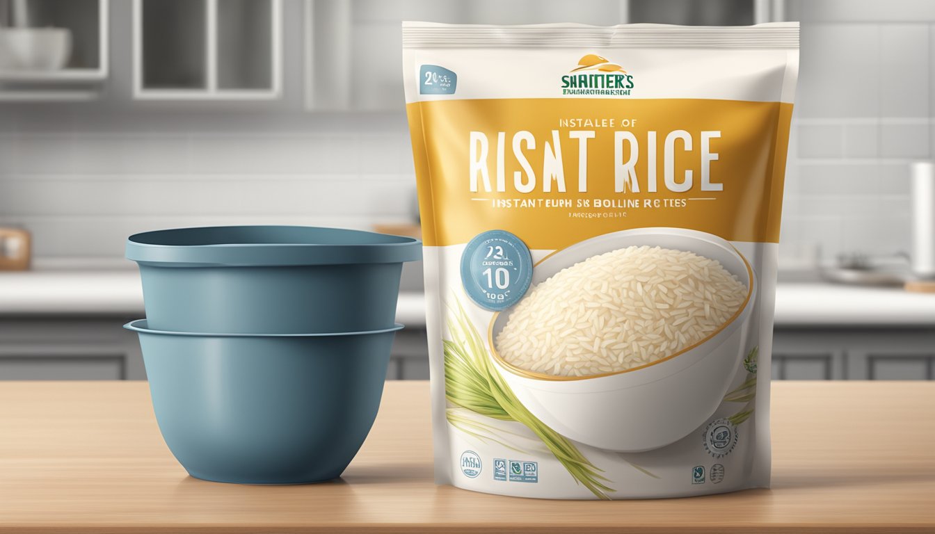 A sealed package of instant rice with a visible expiration date, placed on a clean kitchen counter next to a measuring cup and a pot of boiling water