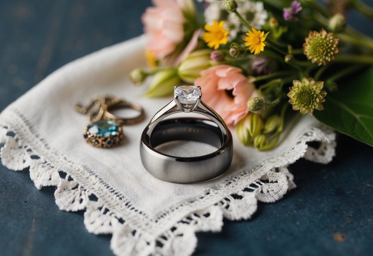 A modern engagement ring with a sleek design sitting atop a vintage lace handkerchief, surrounded by antique jewelry and a bouquet of wildflowers