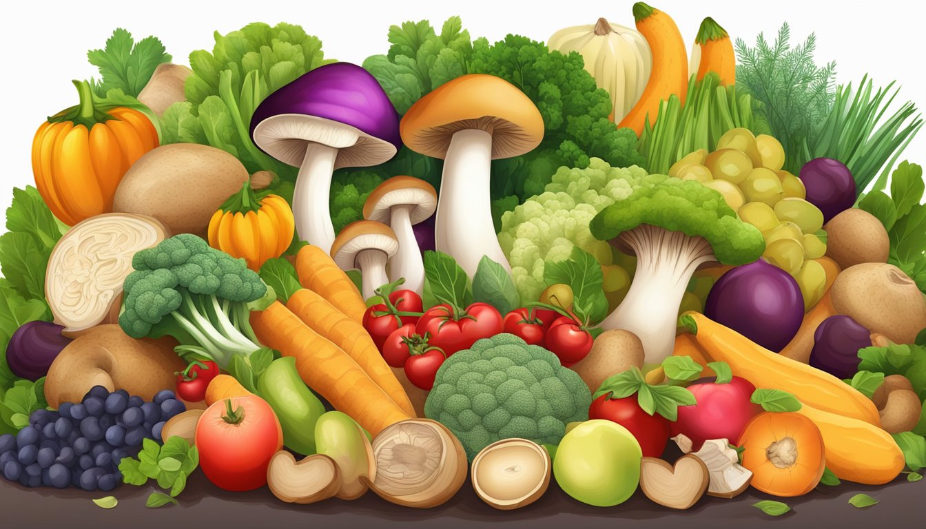 A pile of fresh porcini mushrooms surrounded by a variety of colorful fruits and vegetables, with a nutrition label and a heart symbolizing health benefits