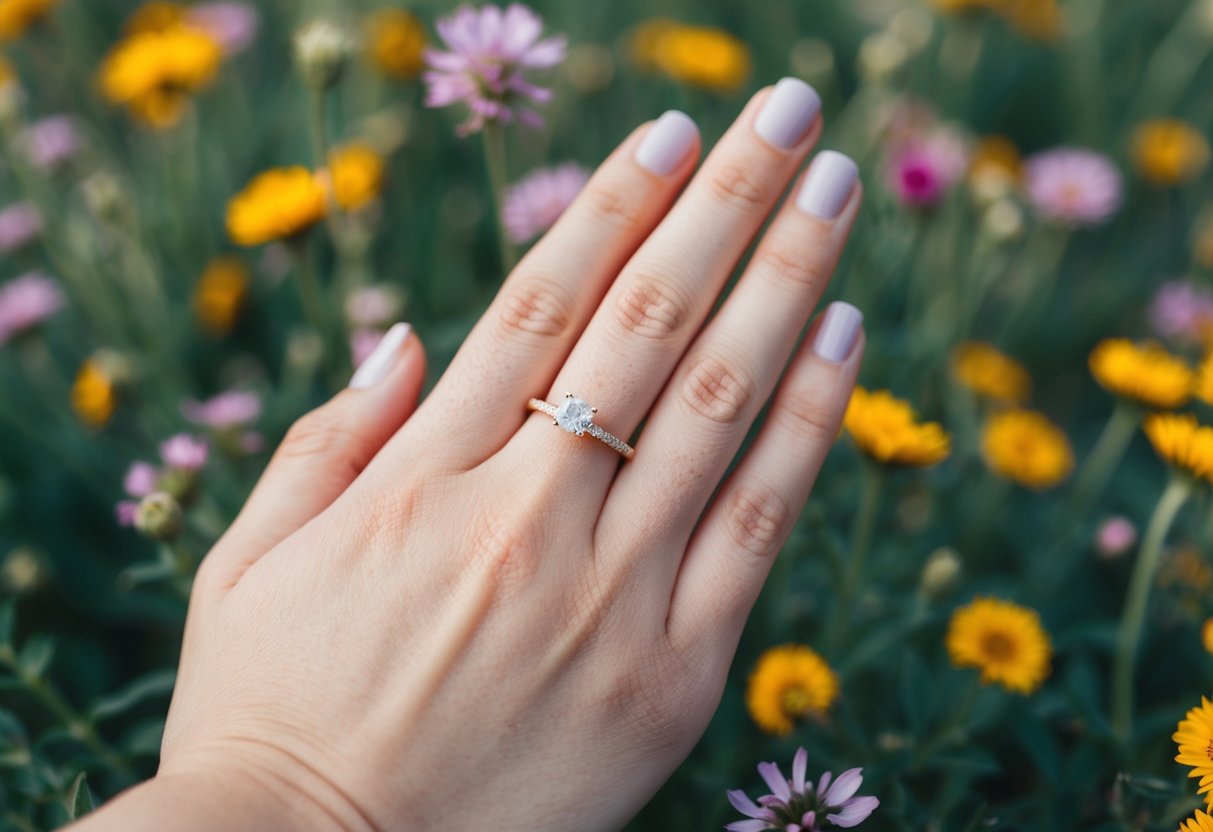 A hand holding a simple engagement ring, surrounded by wildflowers