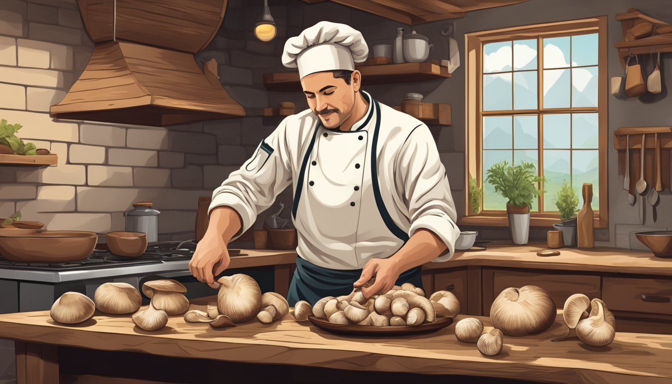 A chef slicing fresh porcini mushrooms in a rustic kitchen