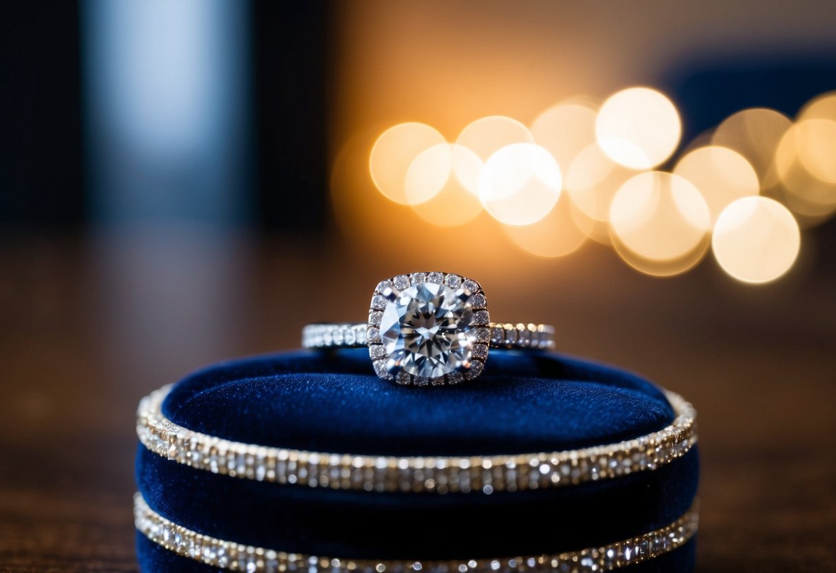 A sparkling engagement ring rests on a velvet cushion, catching the light in a dimly lit room