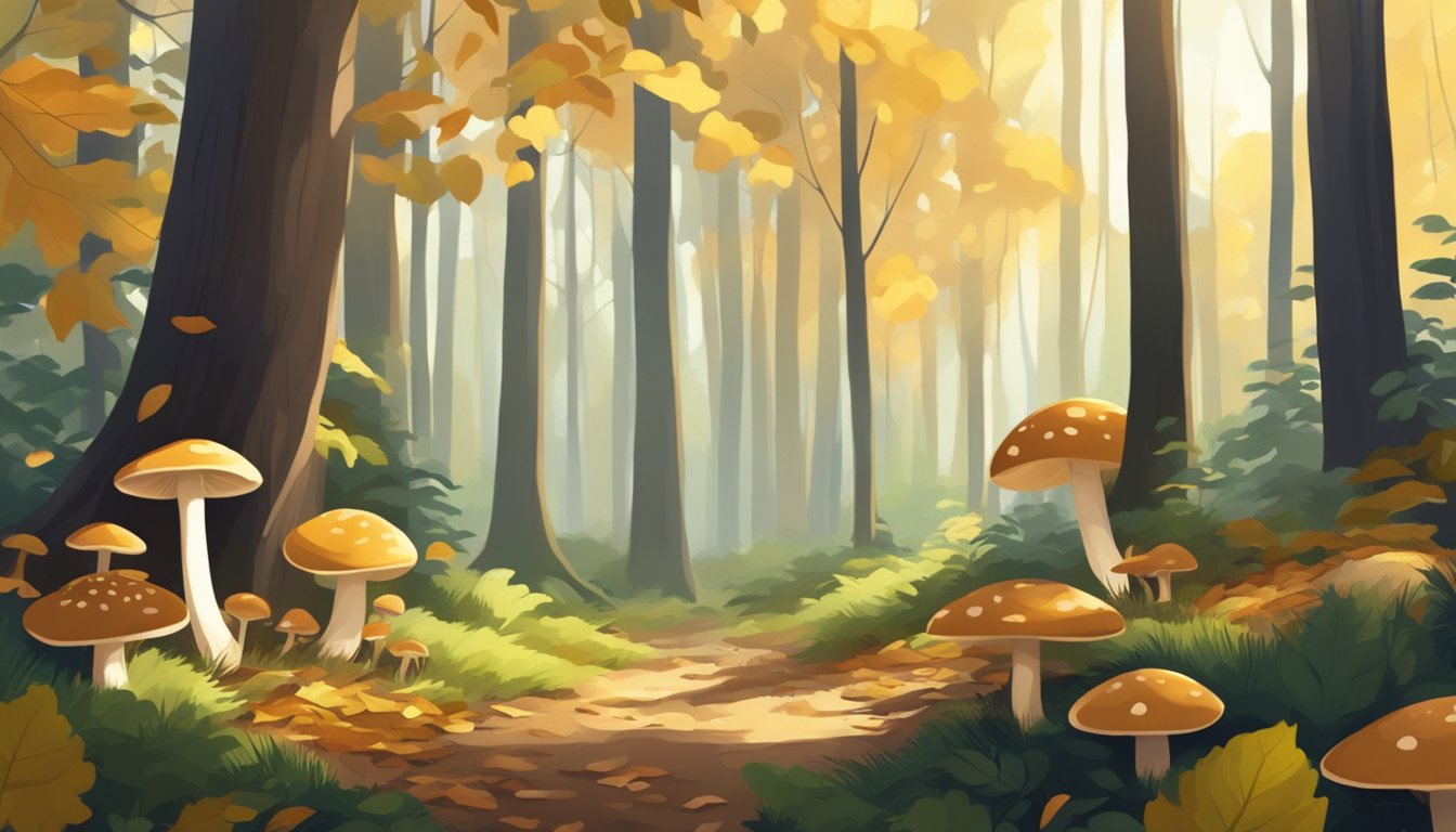 A lush forest floor with porcini mushrooms growing among fallen leaves and twigs, surrounded by tall trees and dappled sunlight