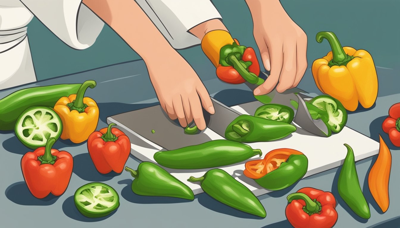 A chef slicing unripe peppers for pickling