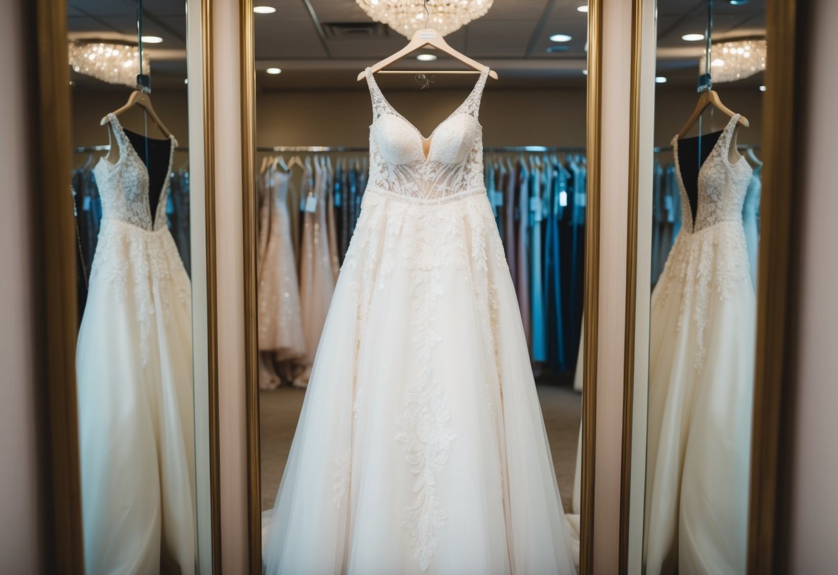 A bridal gown hanging in a boutique, surrounded by other dresses. Mirrors reflect the elegant, intricate details and luxurious fabric