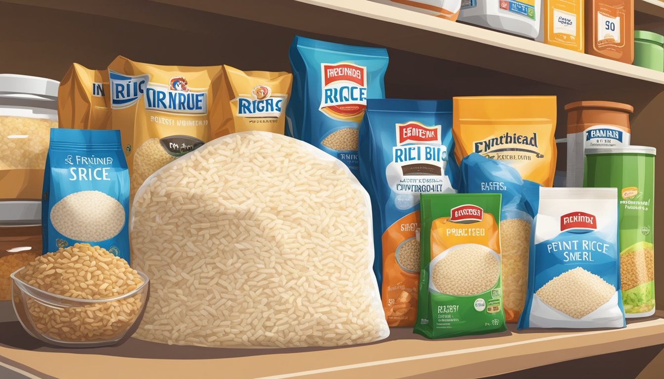 A bag of expired instant rice sits untouched on a pantry shelf, surrounded by other food items