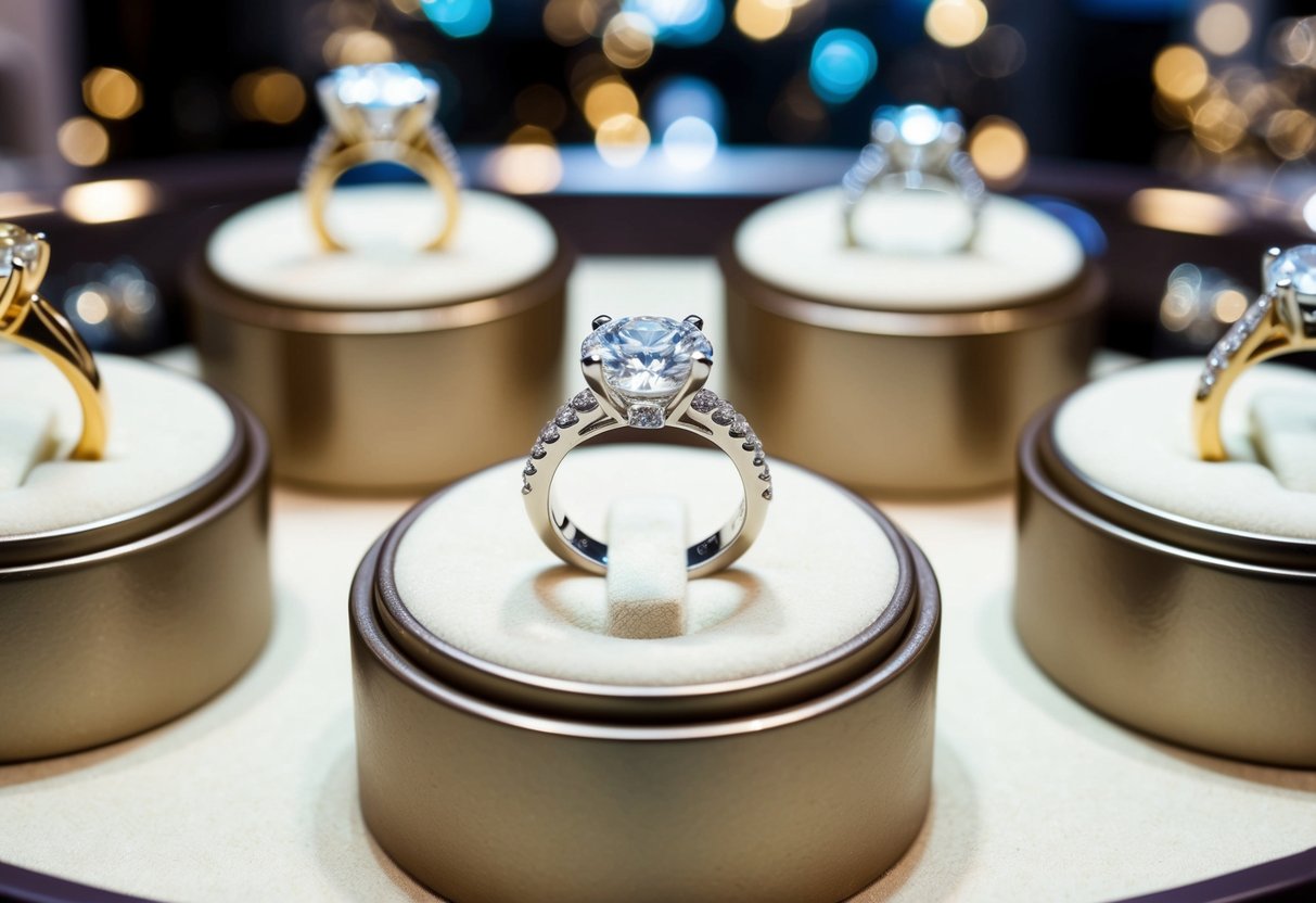 A sparkling diamond ring is surrounded by various other options in a jewelry store display