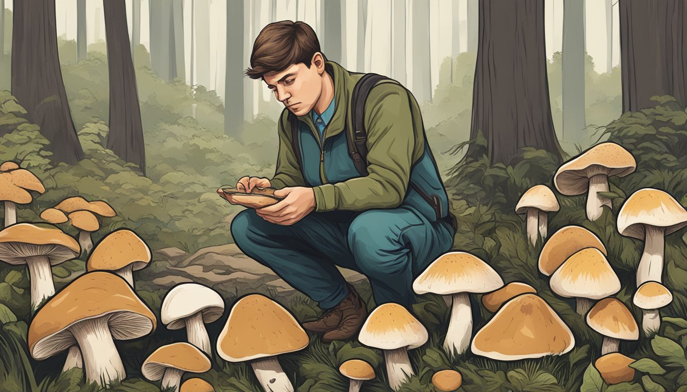 A person examining porcini mushrooms with a cautious expression