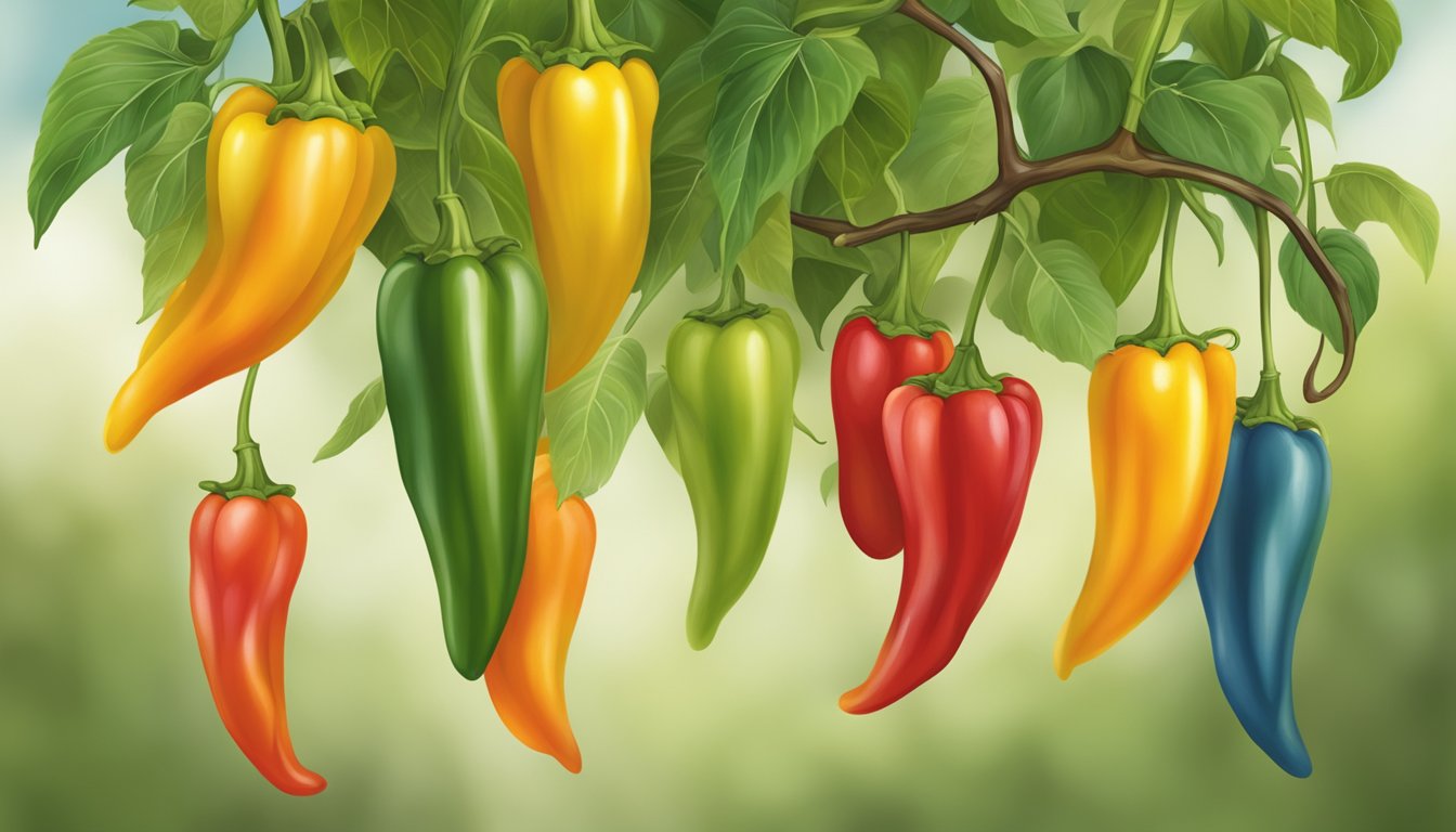 A cluster of colorful peppers hanging from a vine, some ripe and others still green and unripe