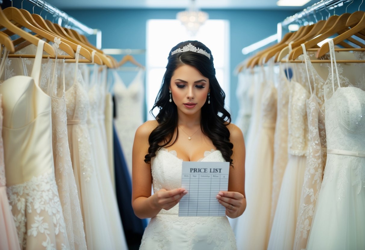 A bride-to-be surrounded by racks of wedding dresses, consulting a price list with a concerned expression