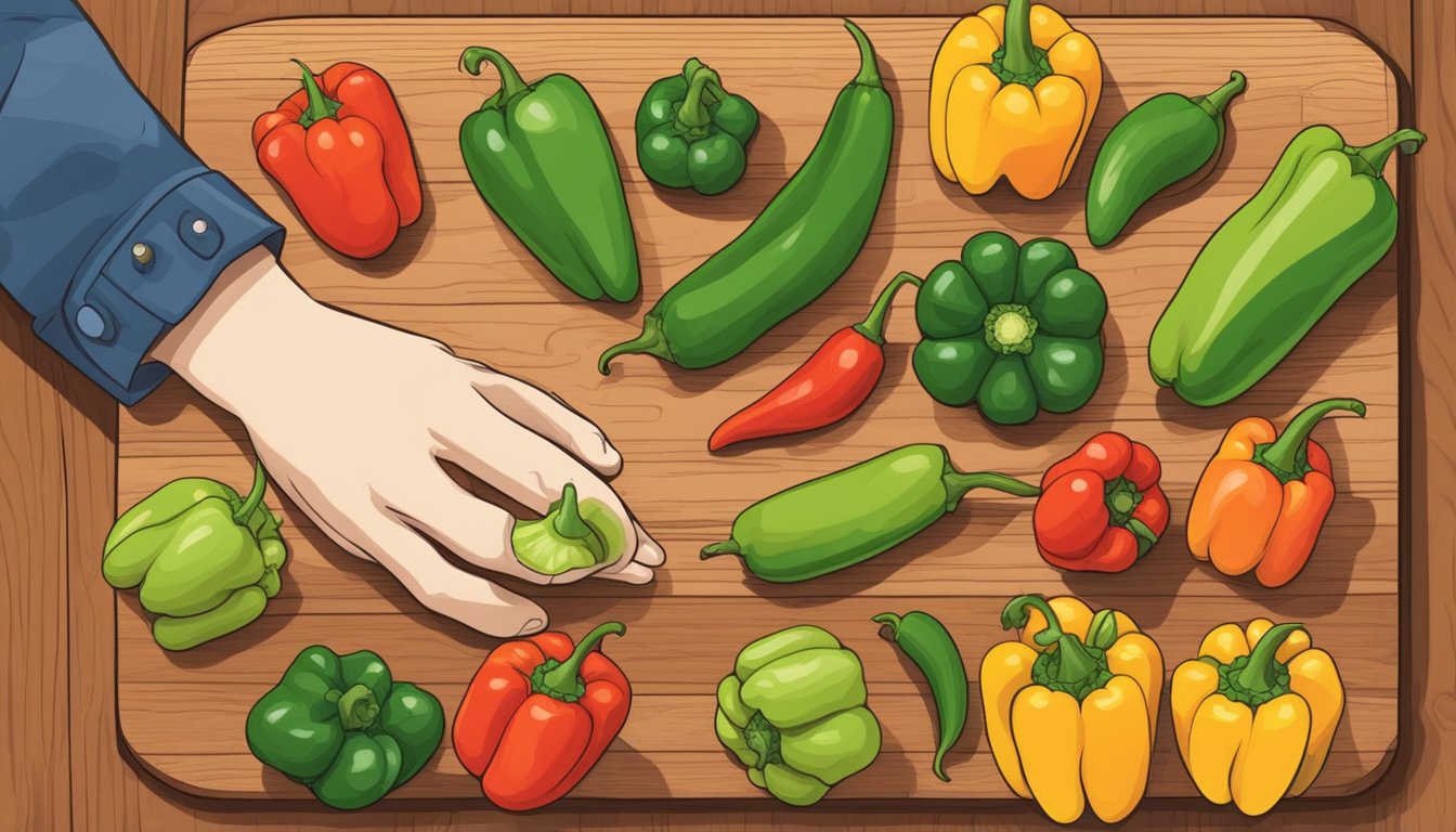 A hand reaching for a variety of peppers, some ripe and some unripe, displayed on a wooden cutting board