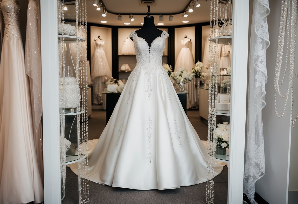 An elegant wedding dress displayed in a boutique, surrounded by sparkling accessories and delicate veils