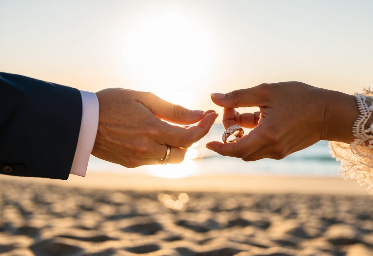 A couple's hands exchanging wedding rings on a sunlit beach