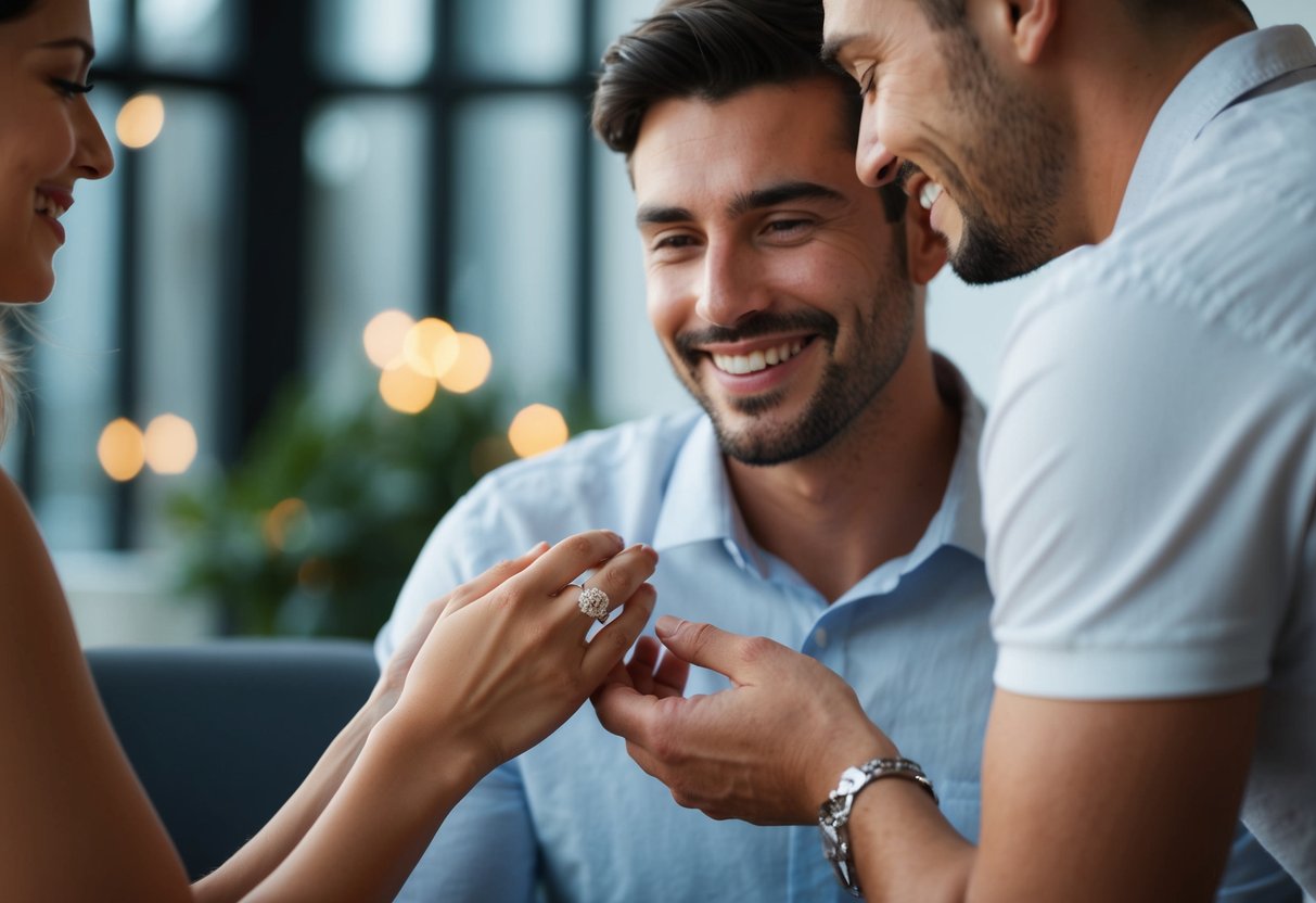 A man receiving an engagement ring from his partner, symbolizing love and commitment