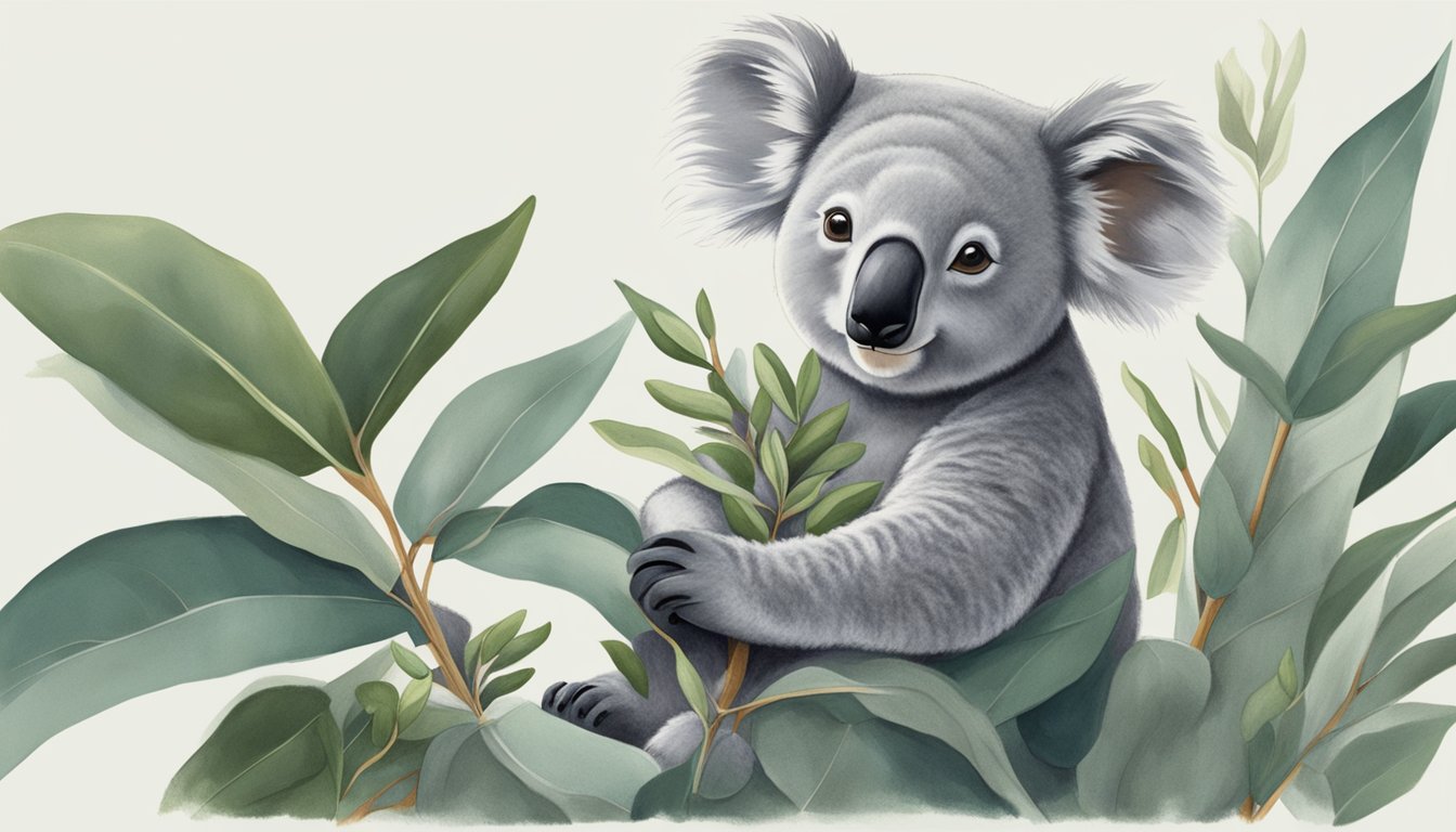 A koala peacefully munches on eucalyptus leaves while a person collects some for medicinal use