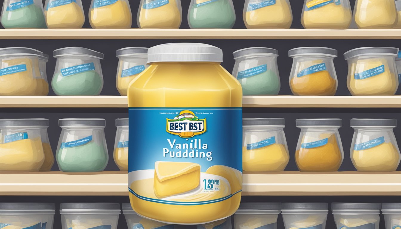 A pantry shelf with expired vanilla pudding mix next to a "best by" date label