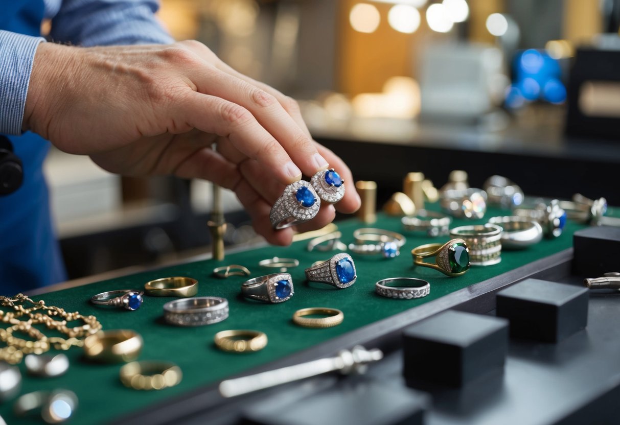 A jeweler carefully selects various metals and gemstones for men's engagement rings