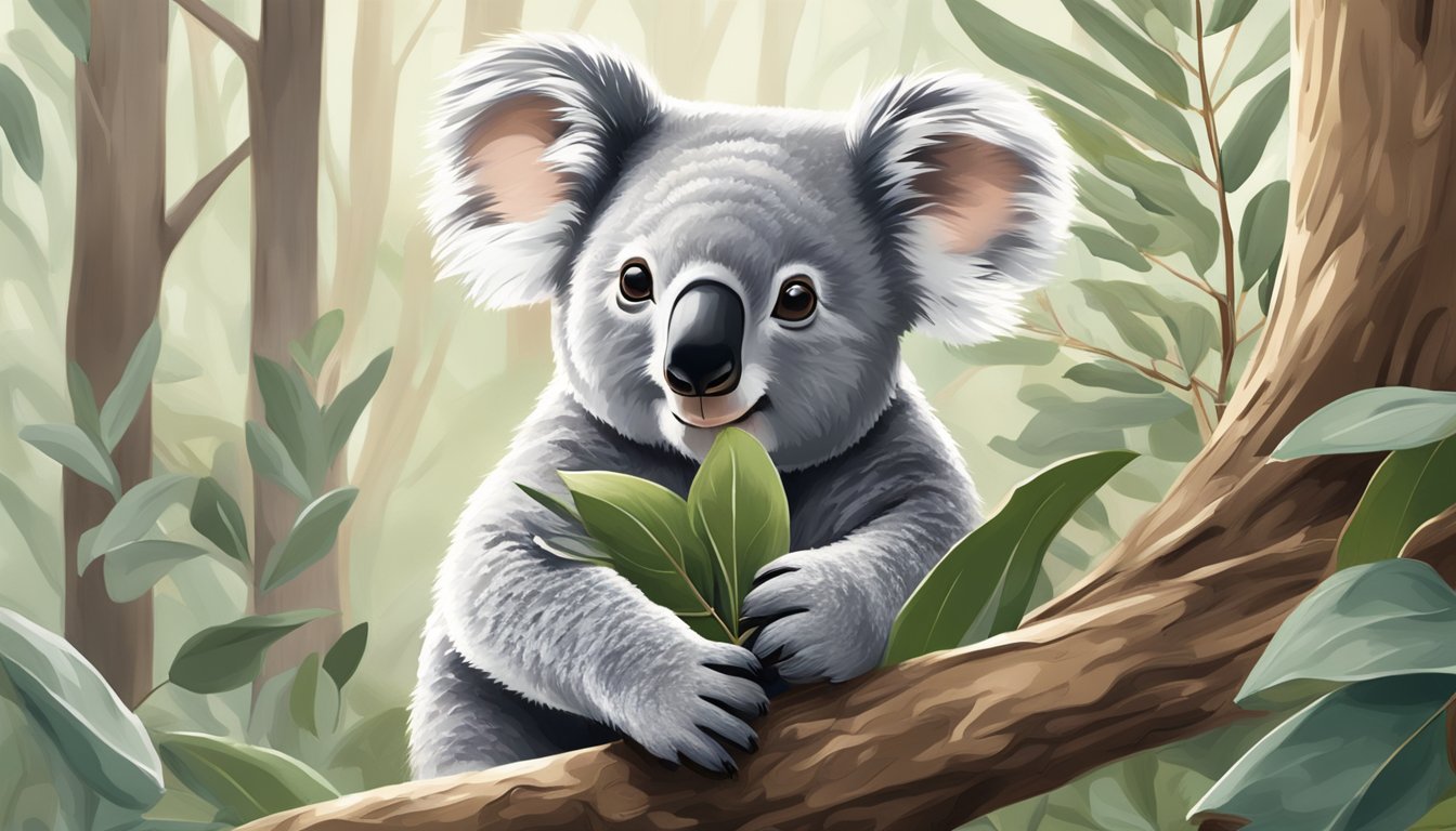 A koala peacefully nibbling on eucalyptus leaves in a lush forest setting