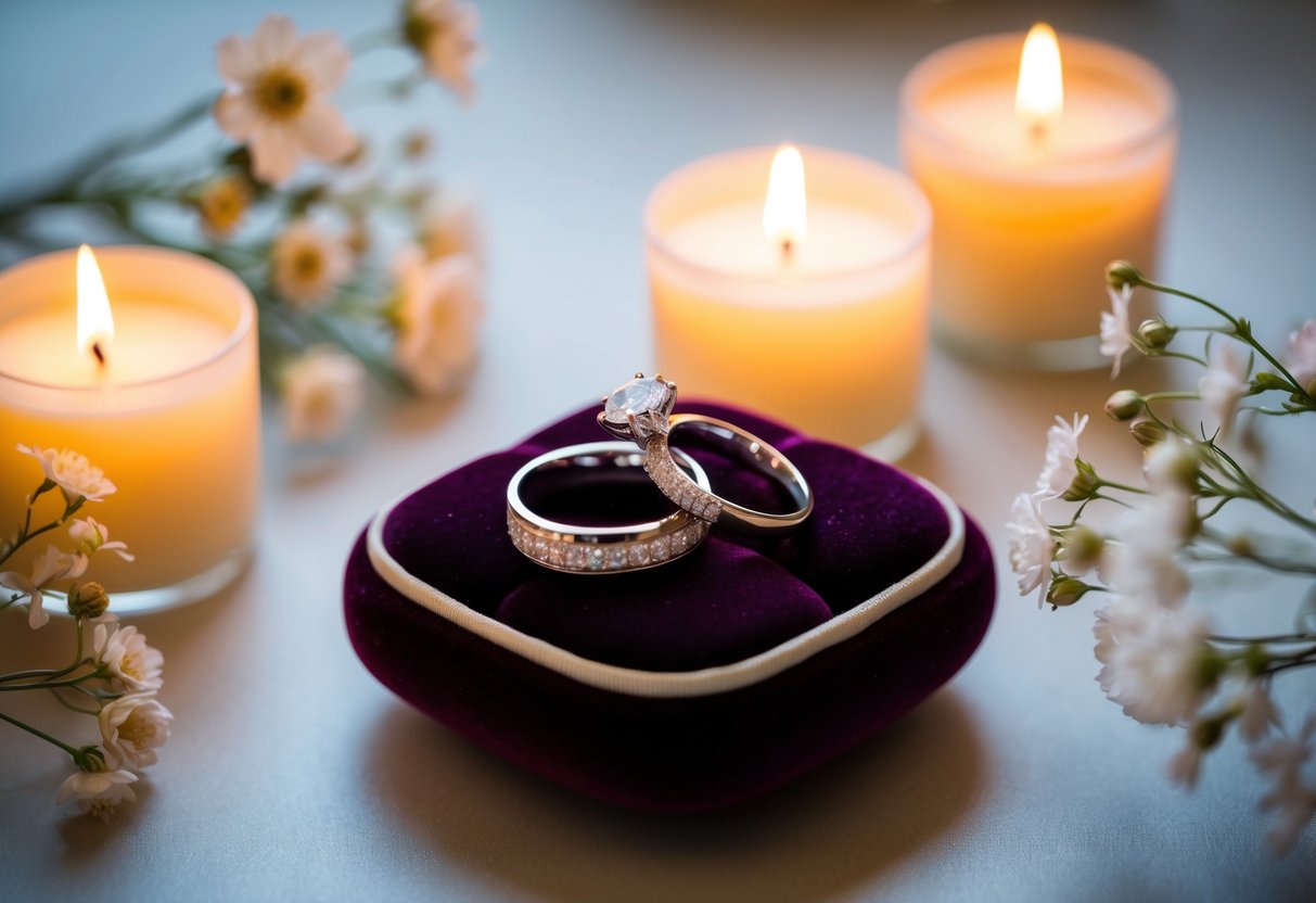 Two wedding rings on a velvet cushion, surrounded by soft candlelight and delicate flowers