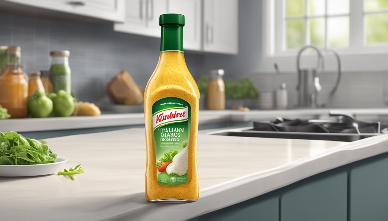 A bottle of Italian dressing sits on a kitchen counter, with a layer of mold forming on the surface and a foul odor emanating from the bottle