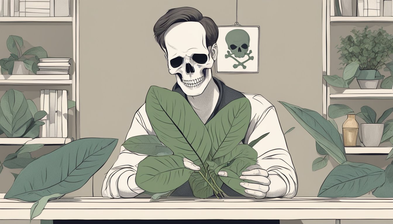 A person holding a eucalyptus leaf and looking at it with a questioning expression. A warning sign with a skull and crossbones is in the background