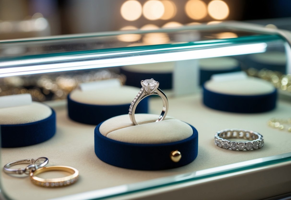 A sparkling wedding ring displayed in a glass case at a resale market, surrounded by other jewelry