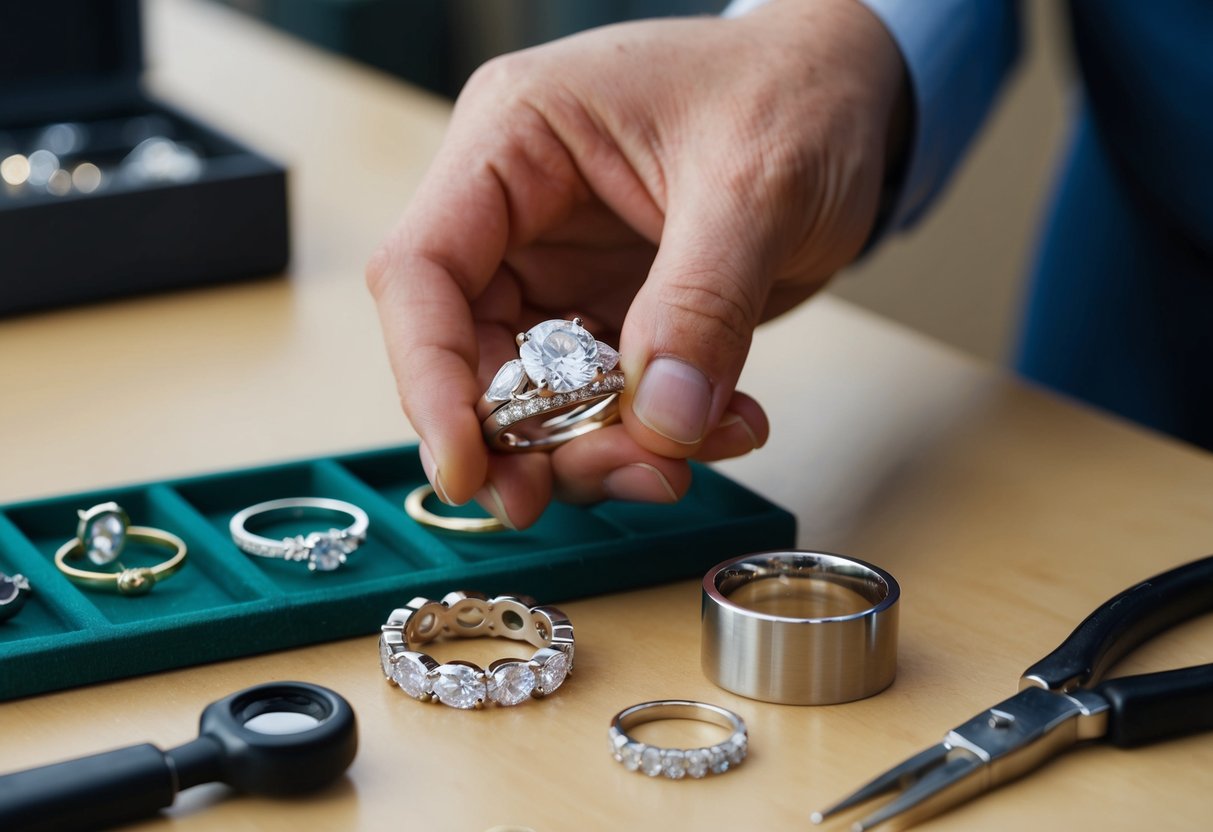 A jeweler carefully selects different metals and gemstones for a wedding ring, considering their cost and symbolic significance