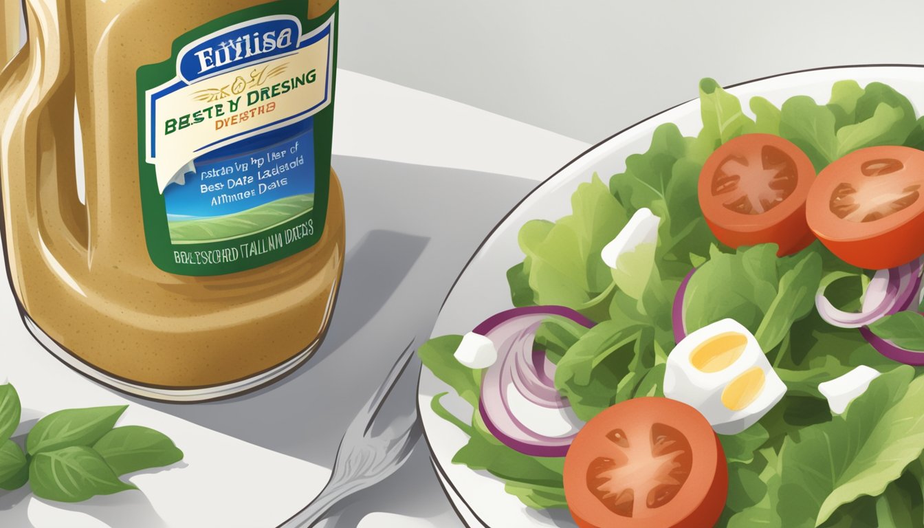 An open bottle of expired Italian dressing with a "best by" date visible on the label, next to a salad