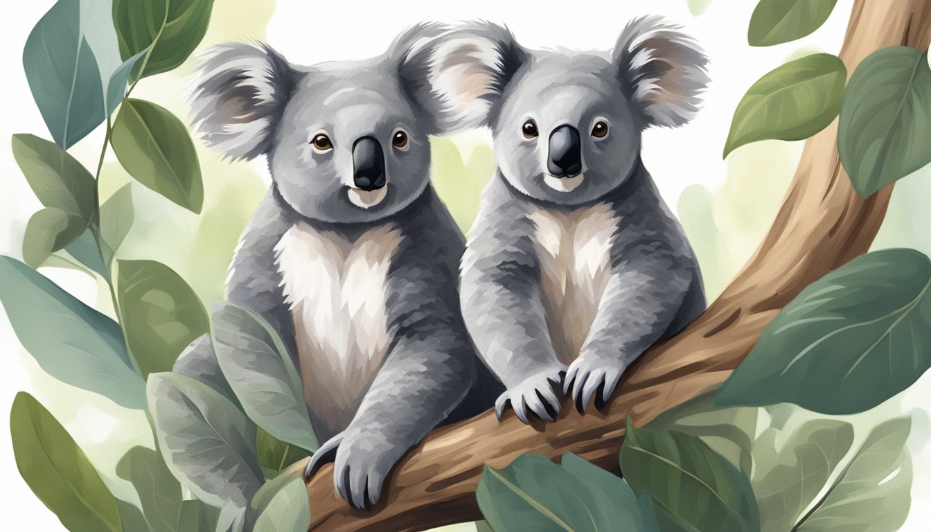 An illustration of a koala peacefully perched on a eucalyptus tree, surrounded by lush green leaves and a serene natural environment