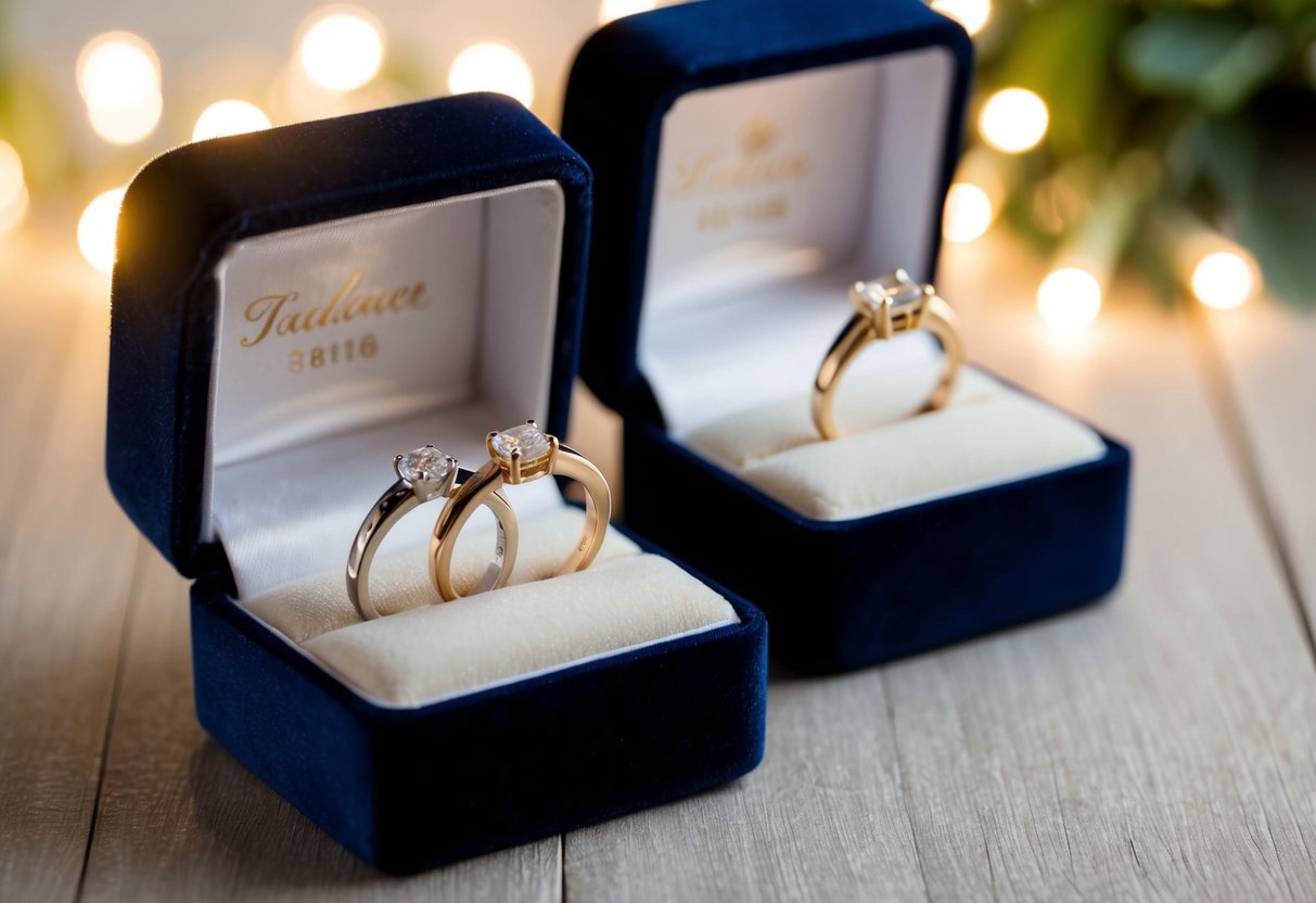 Two wedding rings displayed on a velvet cushion, surrounded by soft lighting and a hint of romantic atmosphere