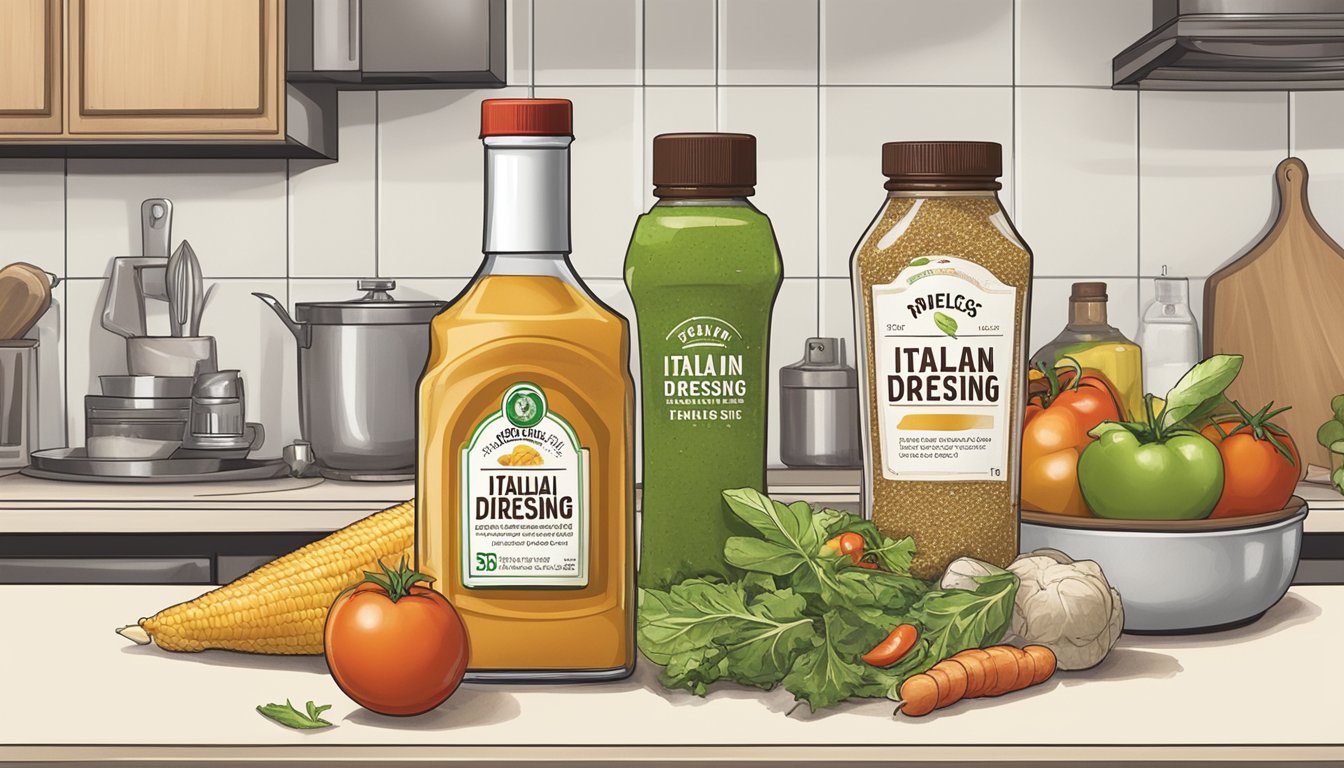 A bottle of Italian dressing sits on a kitchen counter, surrounded by various expired food items. The label on the dressing bottle shows a prominent expiration date