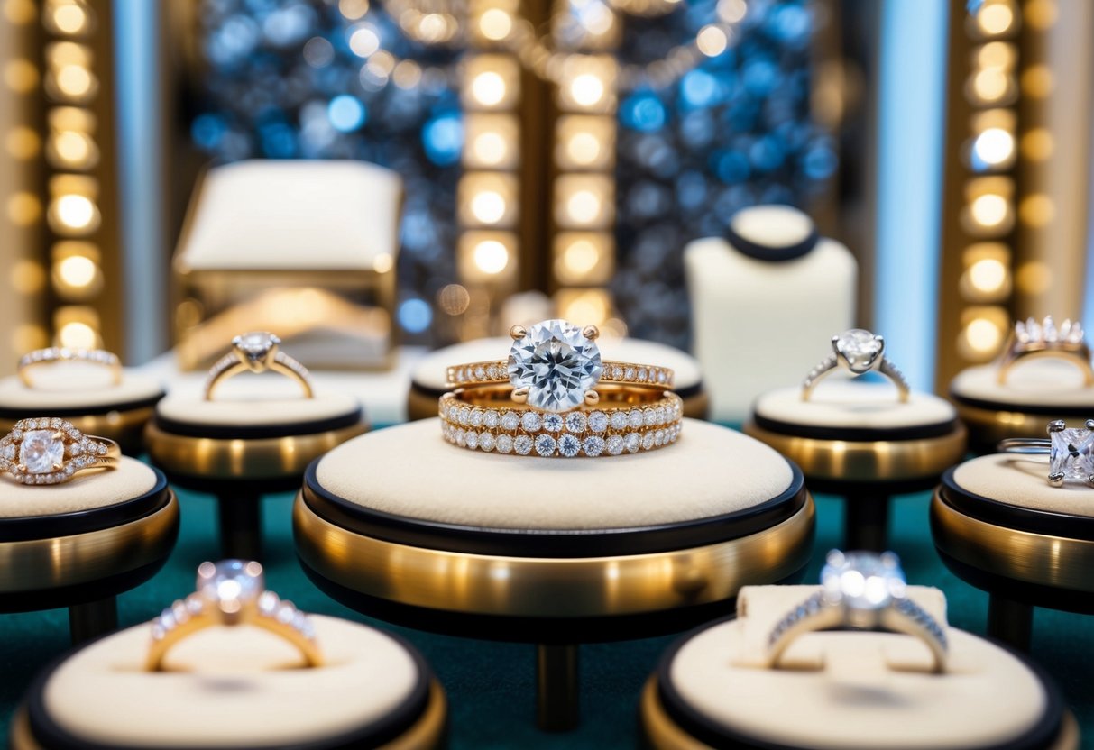 A display of elegant wedding rings surrounded by sparkling gemstones and precious metals, set against a backdrop of luxurious jewelry store decor