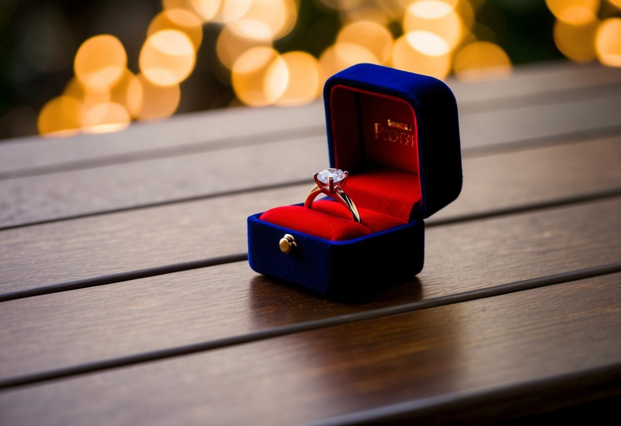 A small velvet box sits on a wooden table, the engagement ring inside gleaming under the soft light