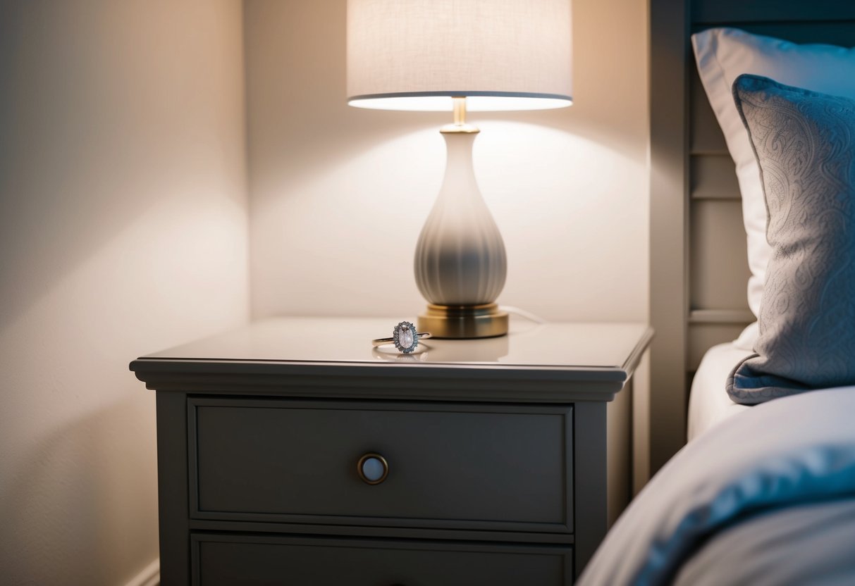 A nightstand with a wedding ring resting on top, illuminated by a soft bedside lamp