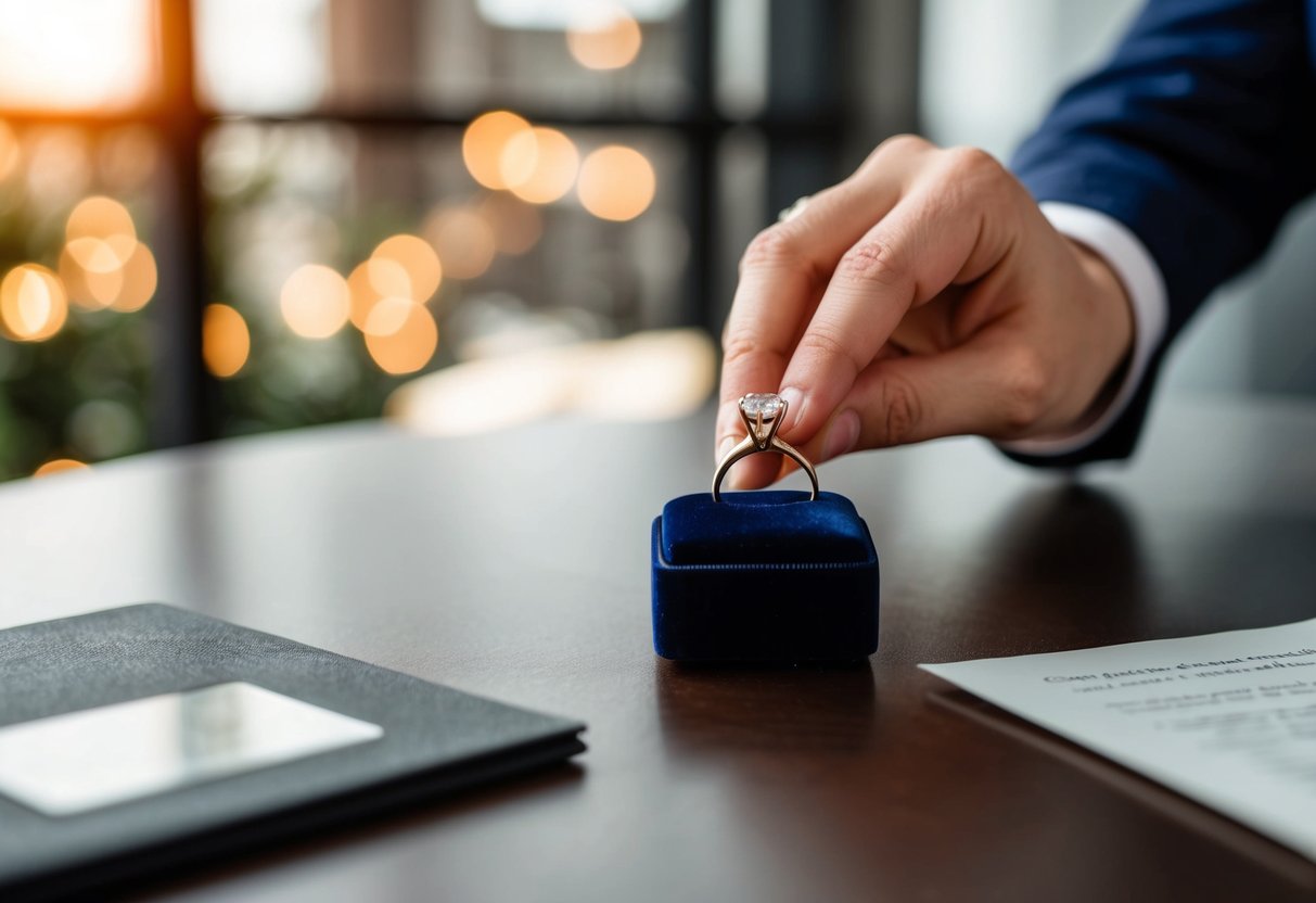 A hand places an engagement ring in a velvet box on a table
