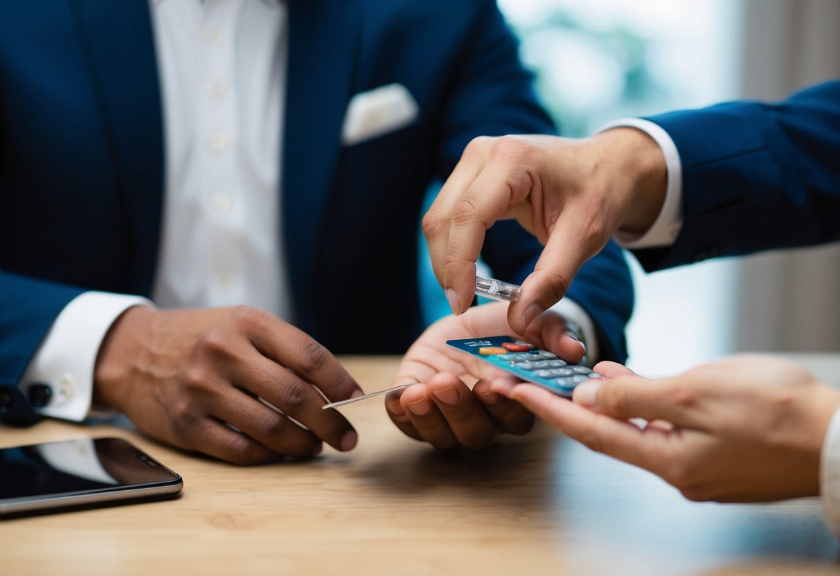 A man's hand holding a wedding band while another person's hand reaches out with a payment method