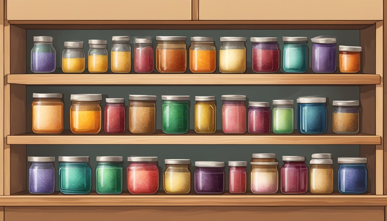 A pantry shelf with various jars of jelly, some expired and others unopened, with a visible difference in color and texture