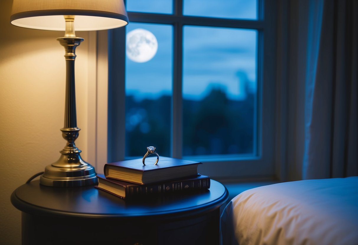 A bedside table with a wedding ring resting on top, next to a lamp and a book, as the moonlight streams through the window