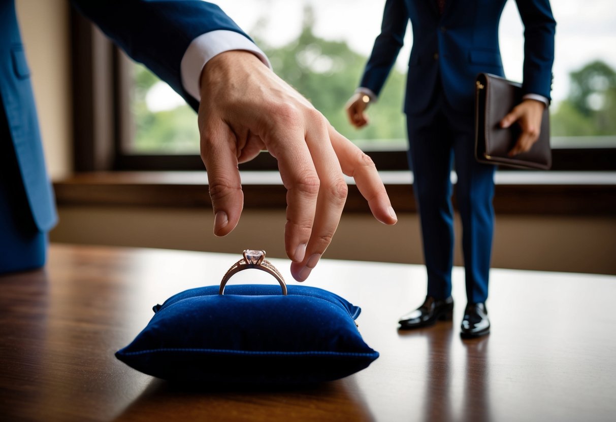 A groom's hand reaches for a wedding band on a velvet cushion, while a figure in a suit stands nearby, holding a wallet