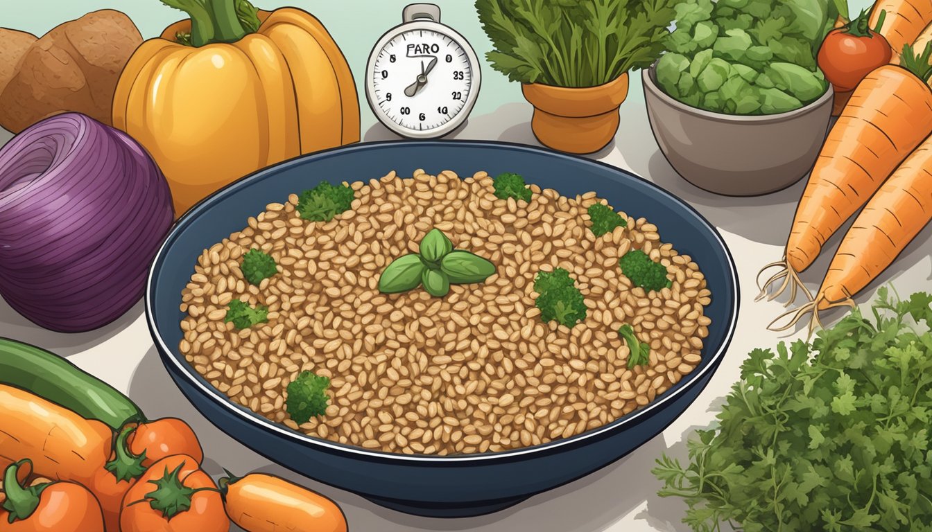 A bowl of cooked farro surrounded by a variety of fresh vegetables and herbs, with a measuring tape and a nutrition label in the background