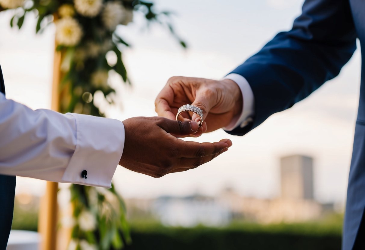 A groom's wedding band being handed over by the person responsible for paying