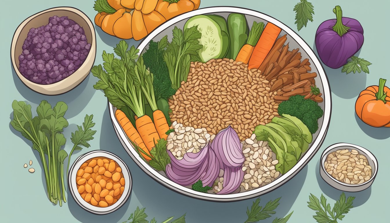 A bowl of cooked farro surrounded by an assortment of colorful vegetables and herbs, with a label indicating its health benefits