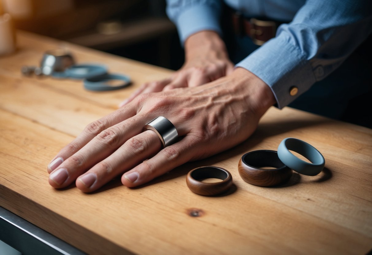 A man's hand resting on a wooden workbench, with a sleek and modern metal band resting next to a selection of alternative wedding ring options such as a silicone ring or a wooden ring